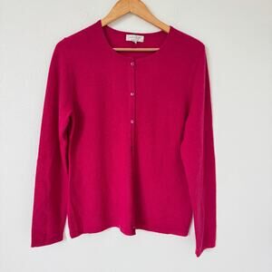 Nordstrom 100% Cashmere Cardigan Sweater Large Fuchsia Pink Crewneck Soft